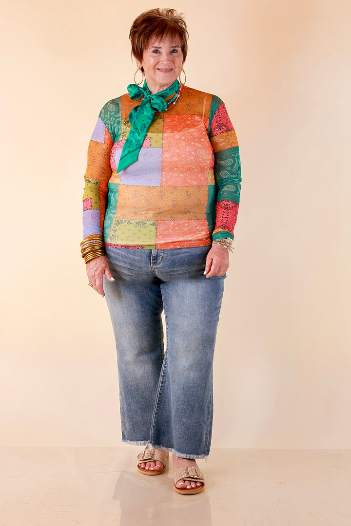 Western Dream Patchwork Paisley Bandana Print Sheer Mesh Long Sleeve Top in Multicolor