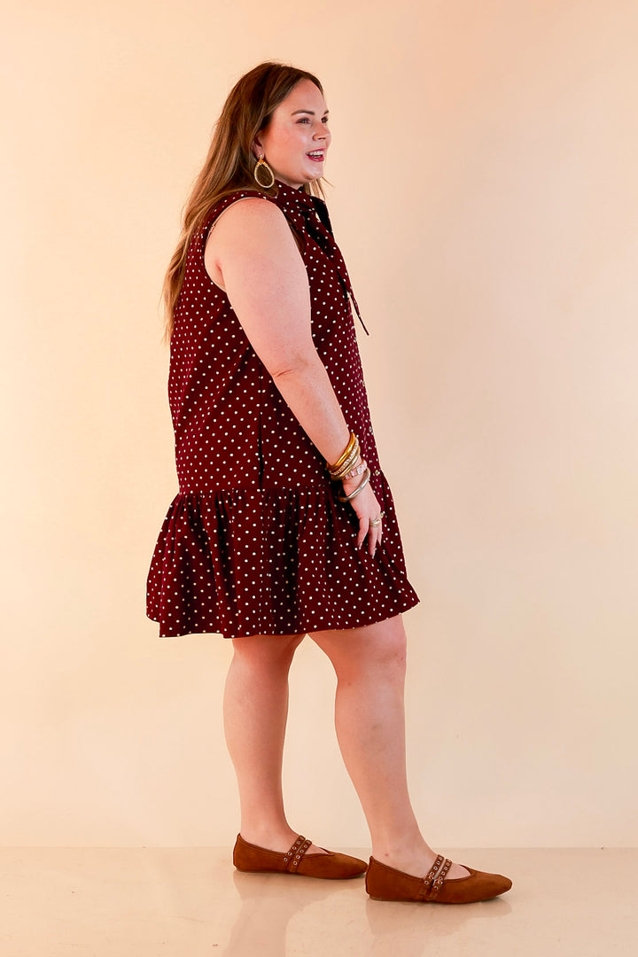 Sweet Spot Denim Polka Dot Bow Neck Tie Button Front Drop Waist Dress in Maroon