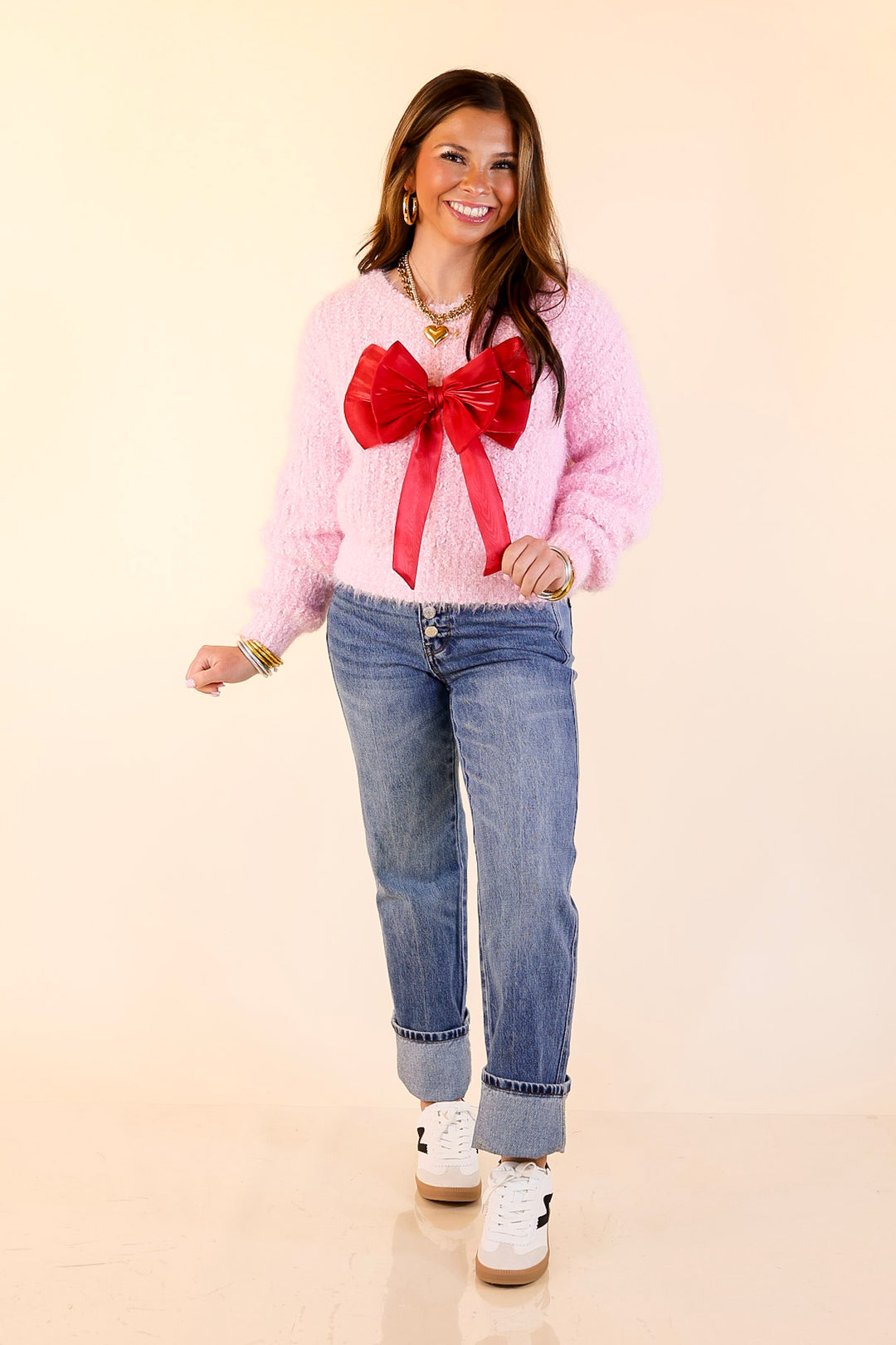Simply Southern | Tied to Perfection Eyelash Textured Knit Sweater with Red Bow in Pink
