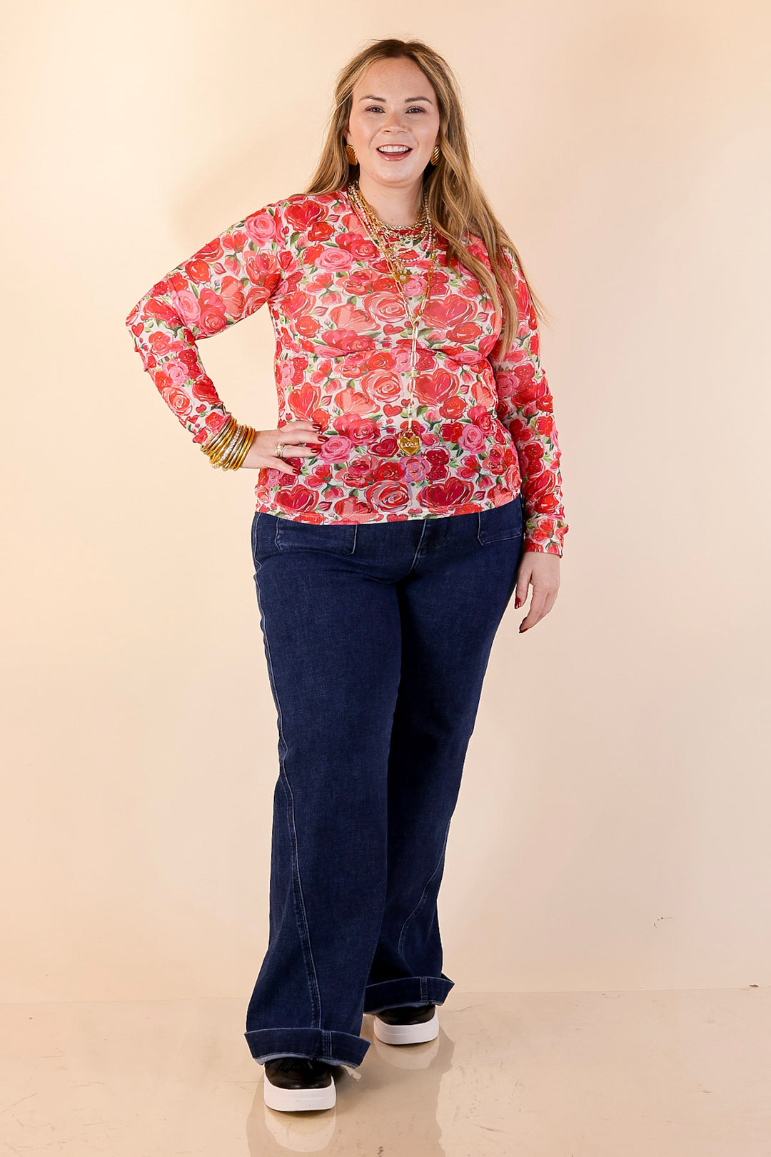 The Perfect Layer Colorful Floral and Hearts Print Mesh Long Sleeve Top in White