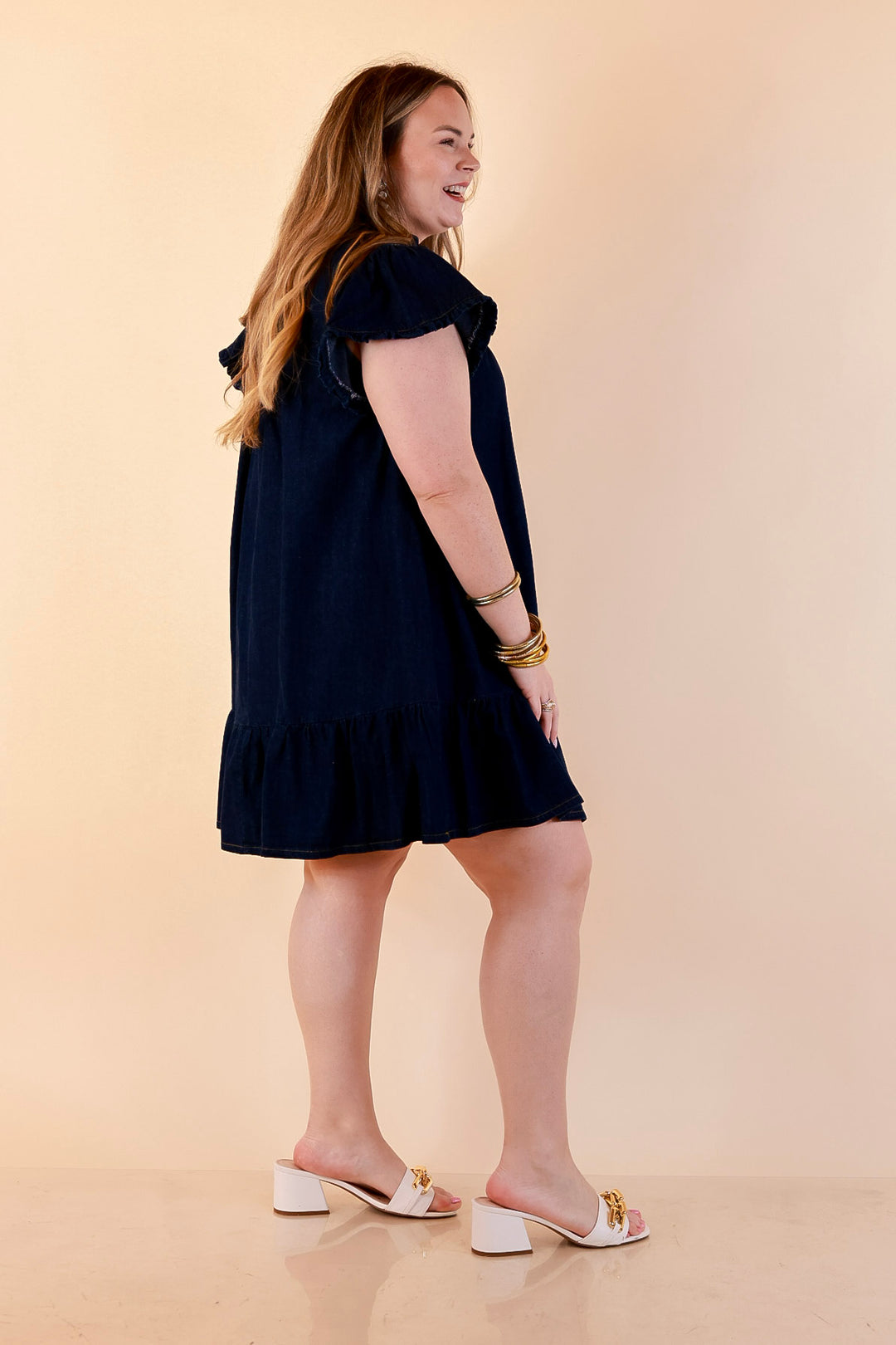 Day to Day Denim Smocked Yoke Dress with Ruffle Front and Flutter Sleeves in Dark Wash