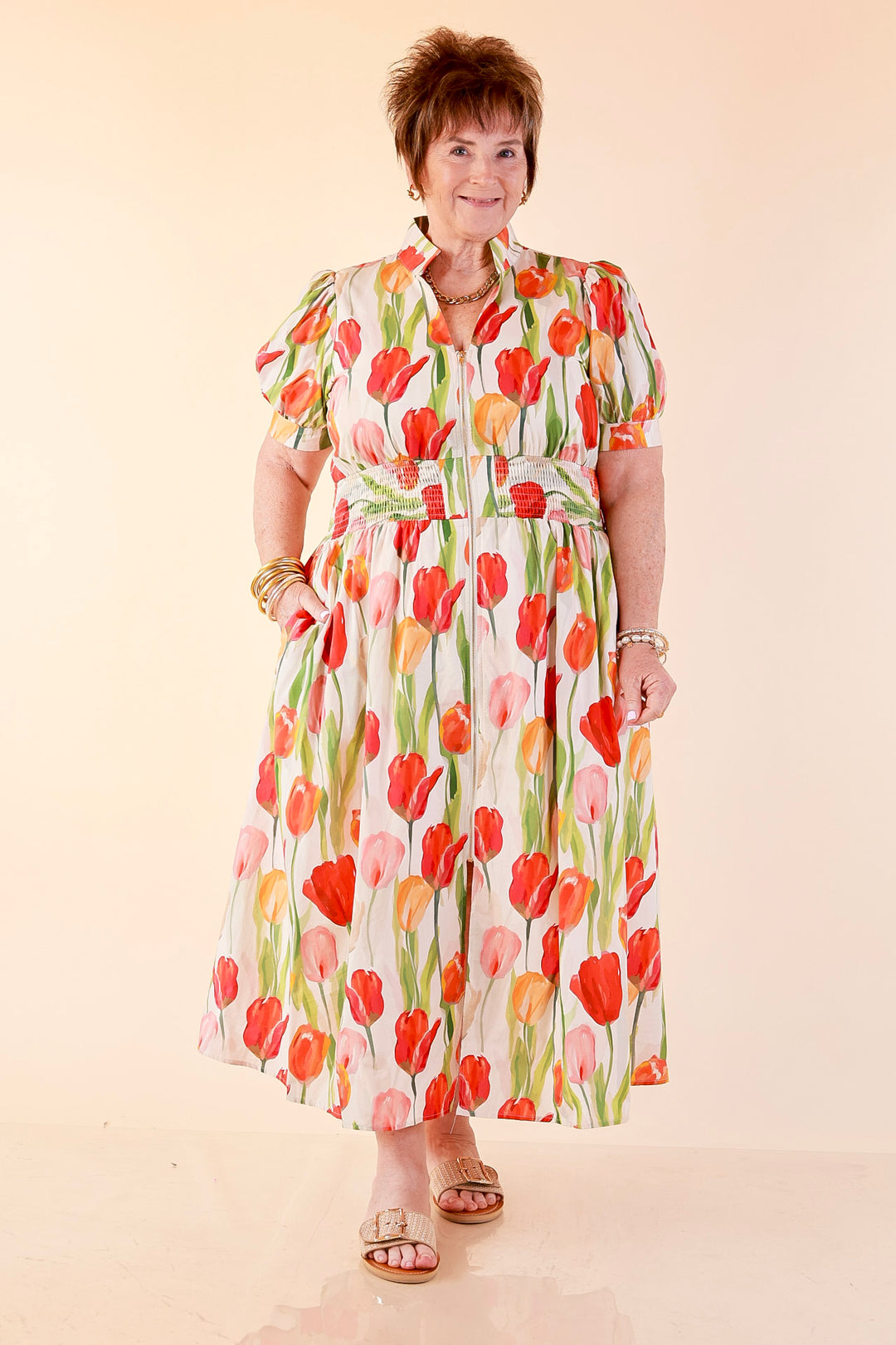 Modern Charm Zip Front Midi Tulip Print Dress with Smocked Waist and Short Sleeves in Cream