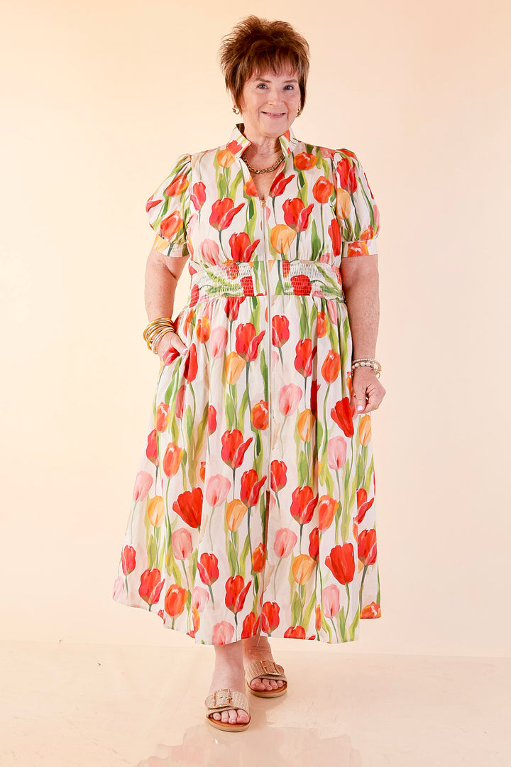 Modern Charm Zip Front Midi Tulip Print Dress with Smocked Waist and Short Sleeves in Cream