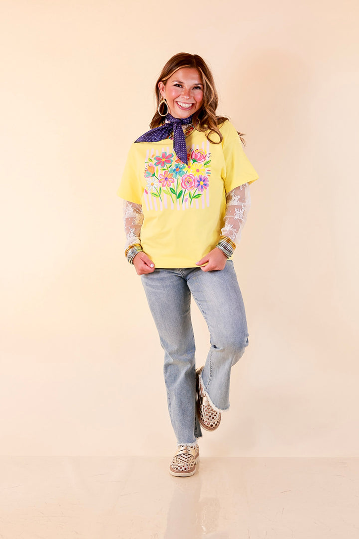 Freshly Picked Floral and Stripe Print Short Sleeve Graphic Tee in Yellow