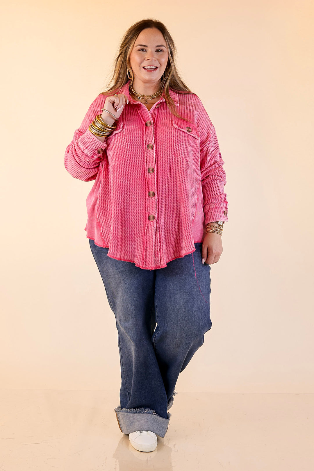 On the Move Long Sleeve Waffle Knit Button Up Shacket in Pink