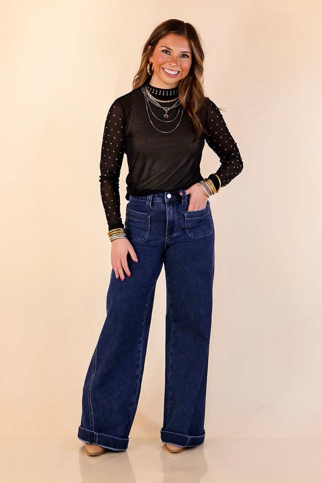 Sheer Confidence Solid Mesh Long Sleeve Top with Rhinestone Detailing in Black