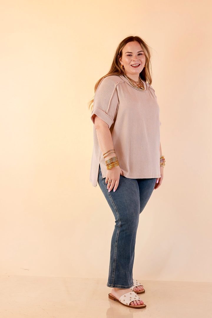 Daily Perfection Scoop Neck Short Sleeve Ribbed Top in Natural Brown