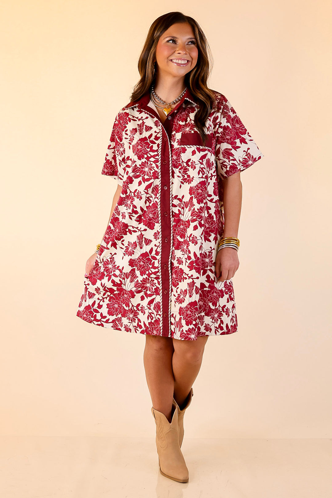Chic Perspective Collared Button Up Floral Toile Shift Dress in Maroon