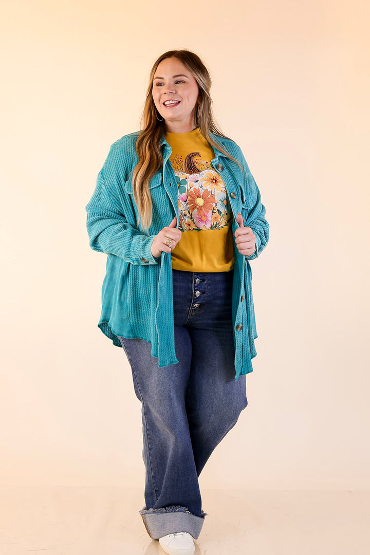 On the Move Long Sleeve Waffle Knit Button Up Shacket in Turquoise Blue
