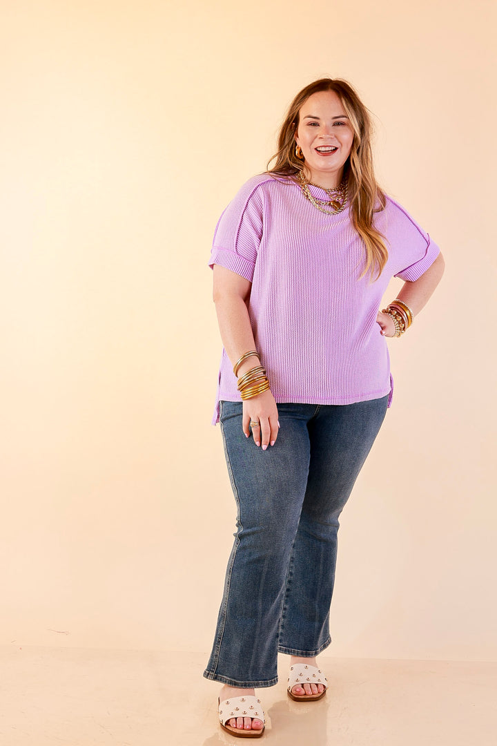 Daily Perfection Scoop Neck Short Sleeve Ribbed Top in Lavender Purple