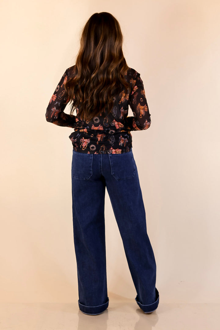 Sheer Confidence Western Saddle and Bits Icons Mesh Long Sleeve Top in Black