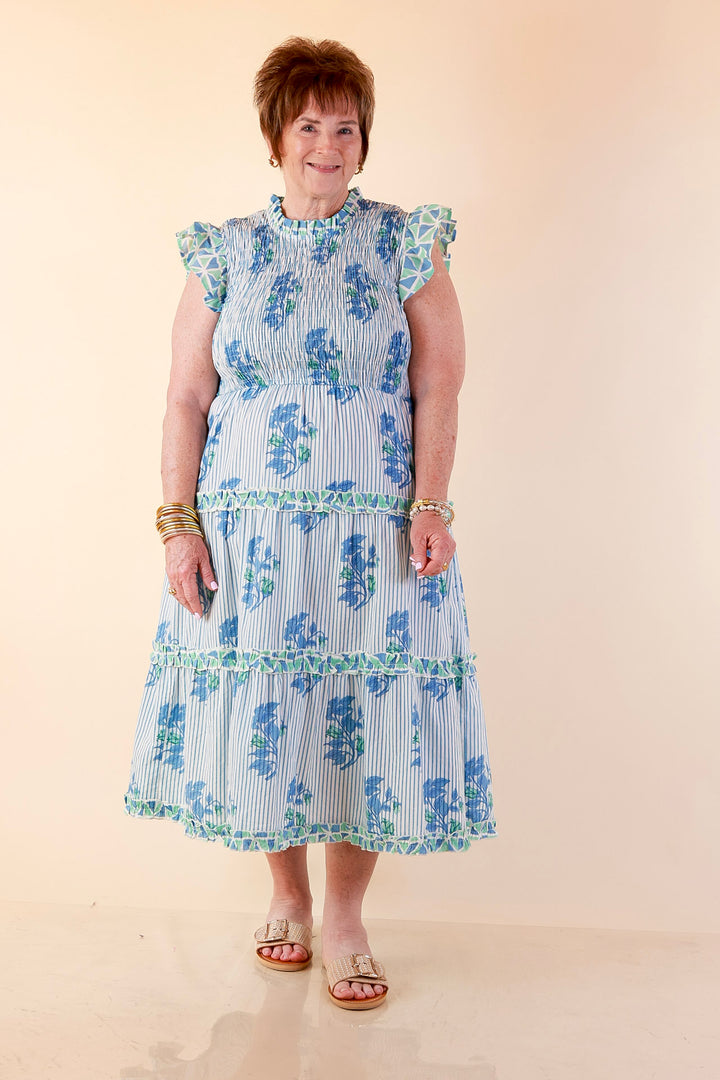 Mud Pie | Graceful Charm Smocked Floral and Stripe Print Tiered Midi Dress with Ruffle Sleeves in Blue