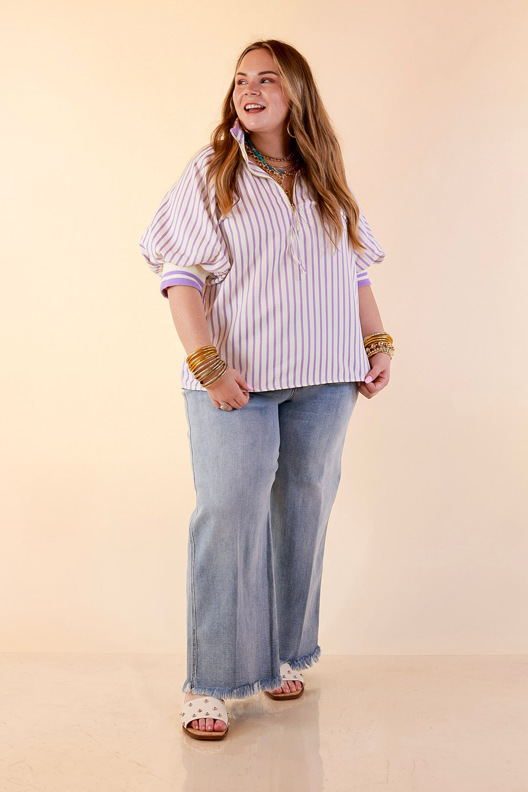 Bold Instincts Striped Print Half Zip Top with Puff Sleeves in Lavender Purple and Ivory