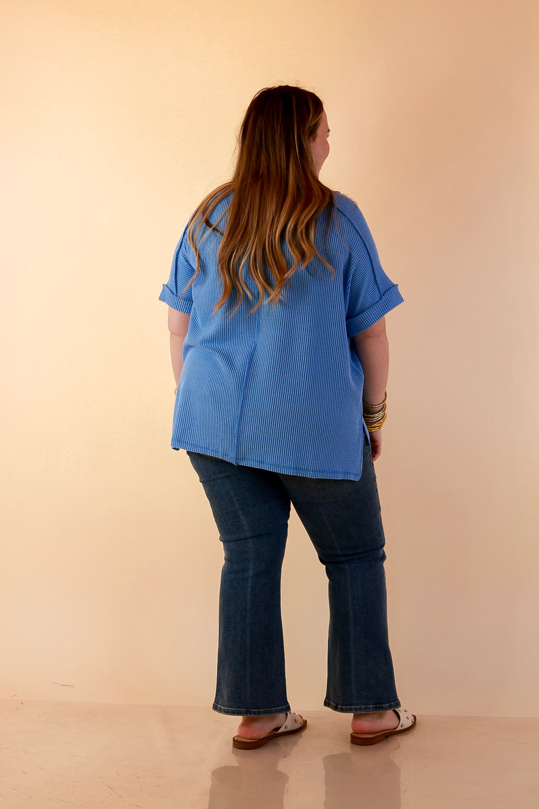 Daily Perfection Scoop Neck Short Sleeve Ribbed Top in Sky Blue