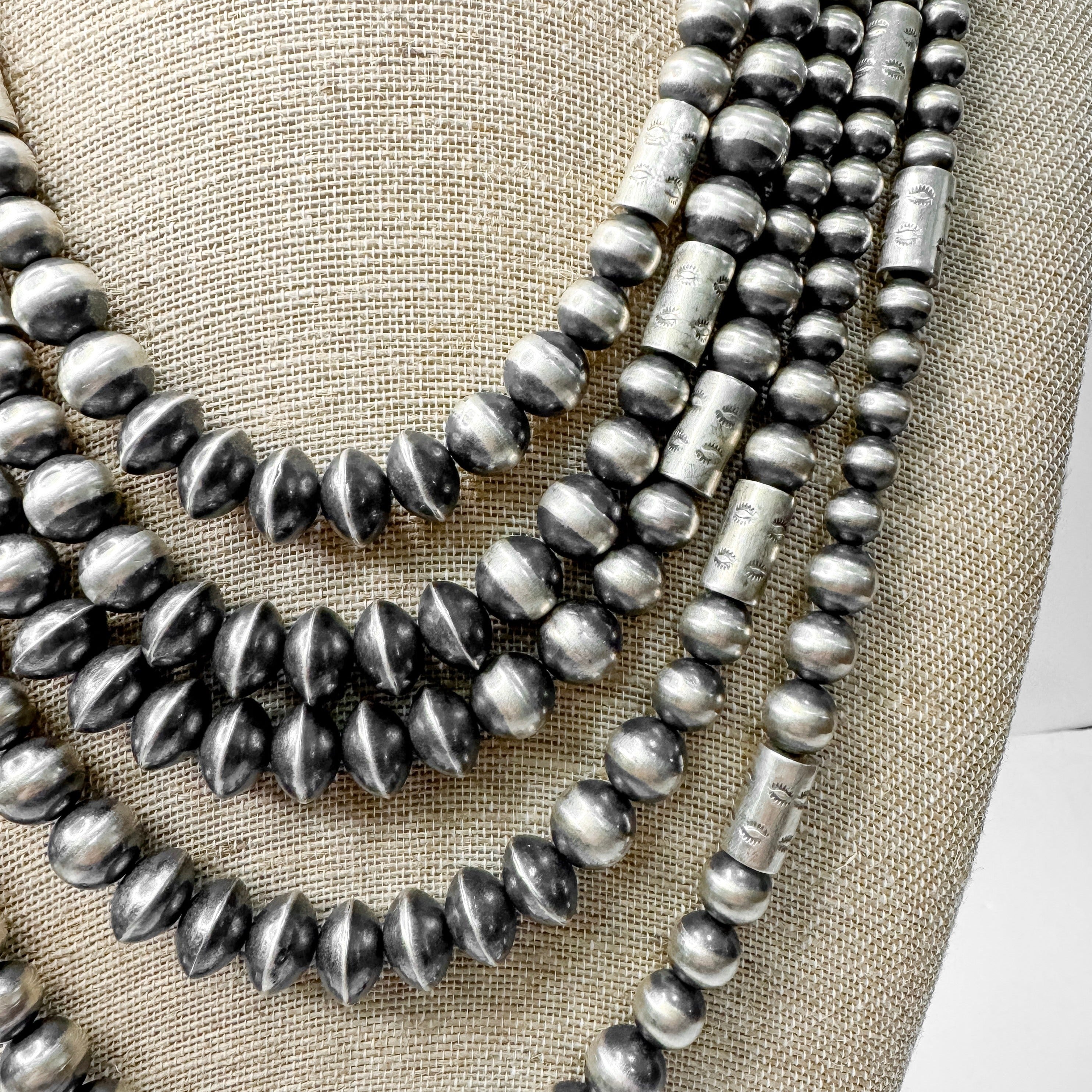 Navajo | Navajo Handmade Sterling Silver Graduated Navajo Pearl Necklace with Barrel Bead Spacers