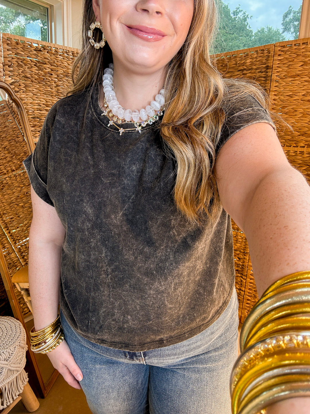 Easy Chic Mineral Washed Short Sleeve Cropped Tee in Ash Black