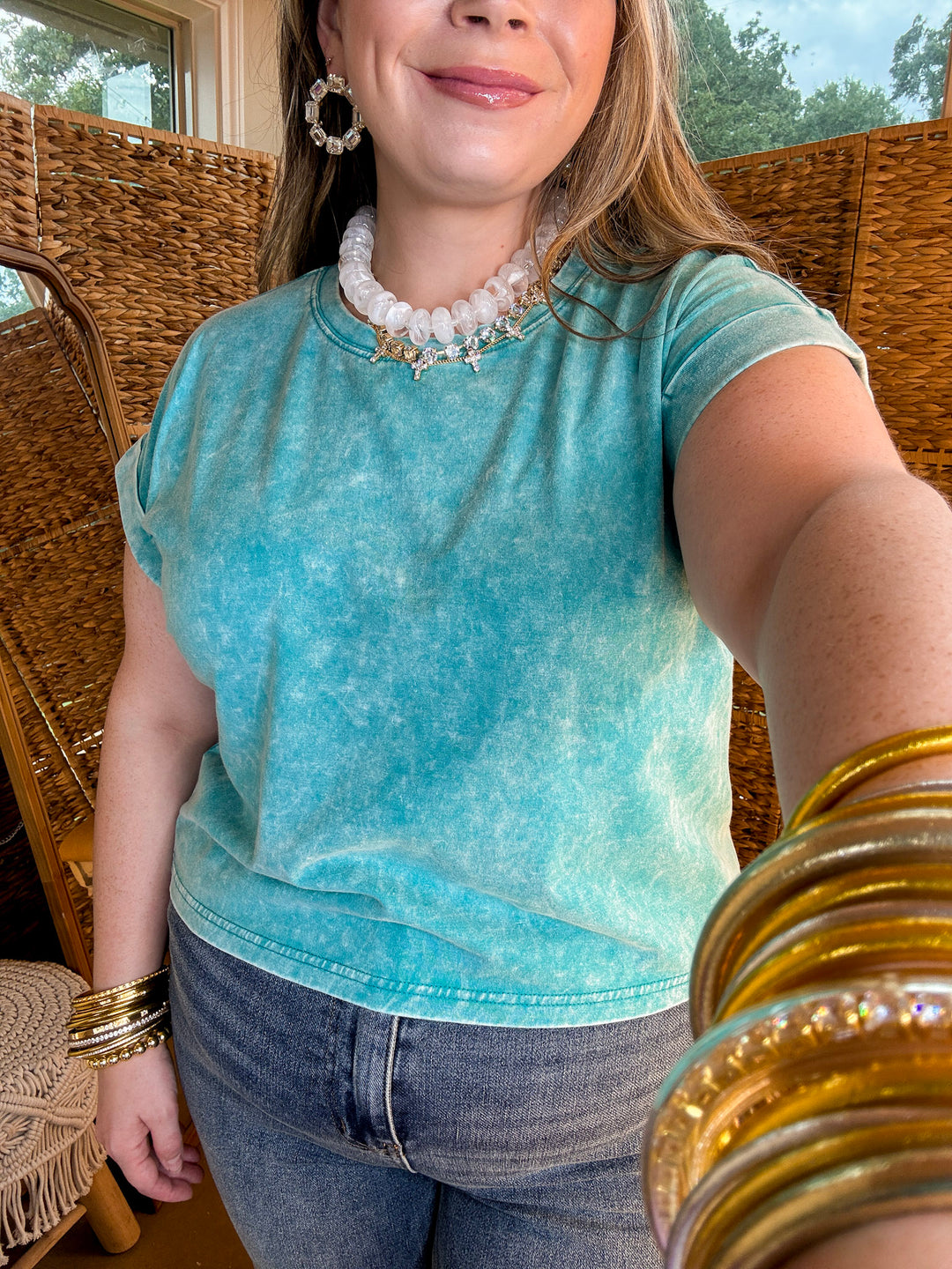 Easy Chic Mineral Washed Short Sleeve Cropped Tee in Teal Blue