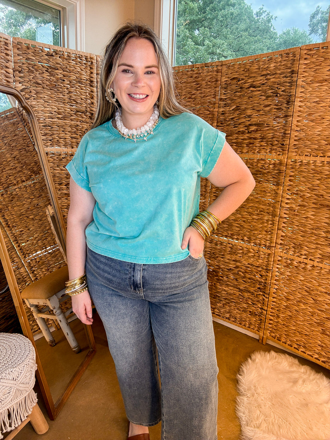 Easy Chic Mineral Washed Short Sleeve Cropped Tee in Turquoise Blue