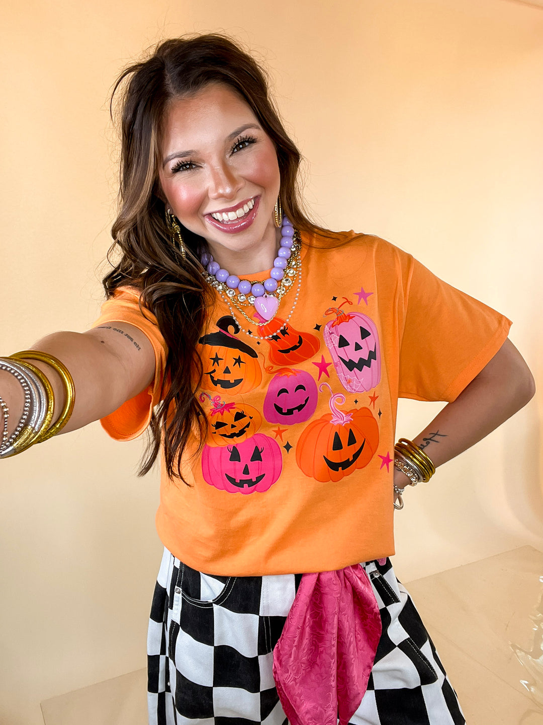 Up to No Gourd Pink &amp; Orange Jack-O’-Lantern Halloween Graphic Tee in Orange