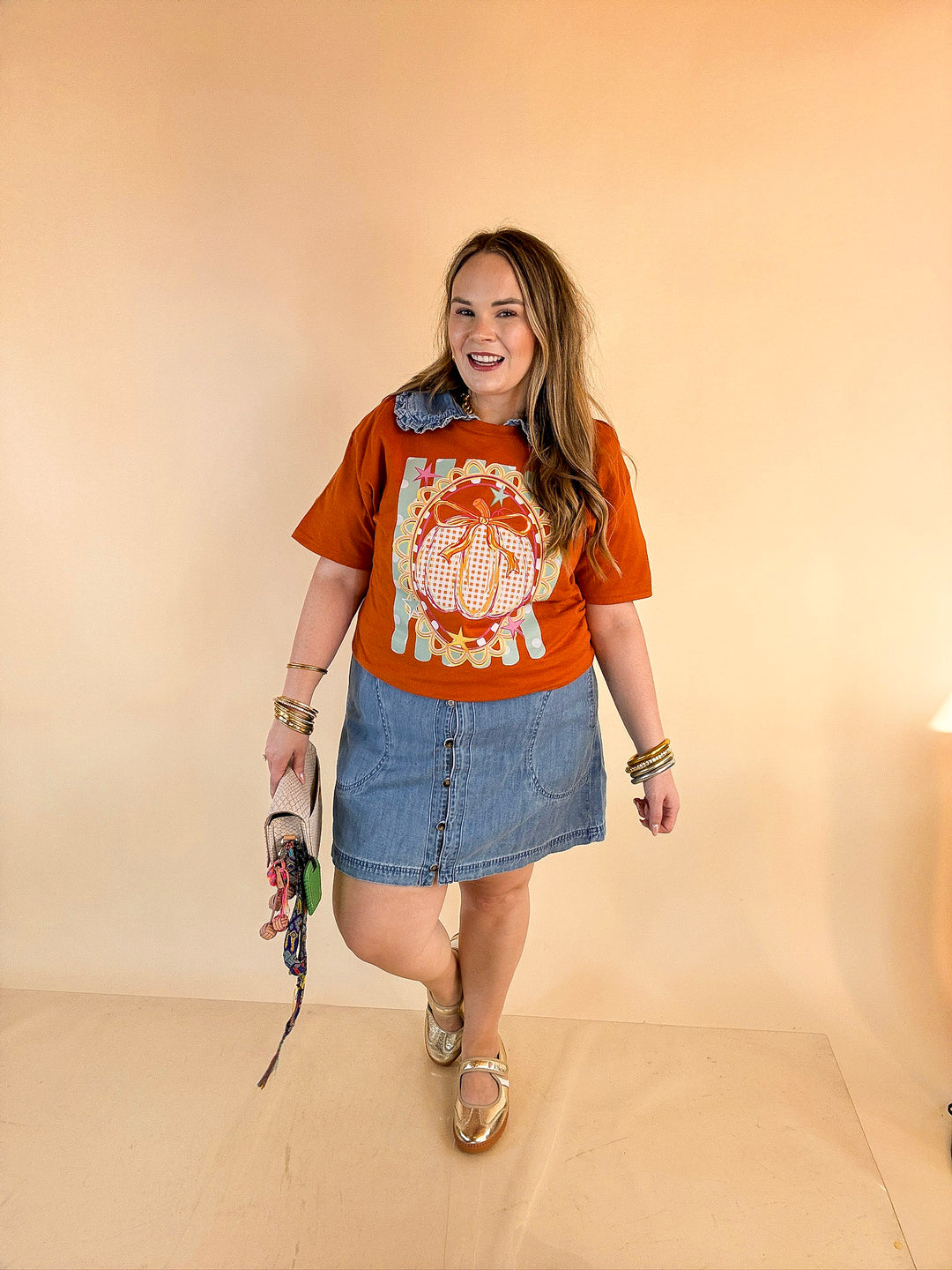 Sweet on the Season Gingham Pumpkin, Stripe and Polka Dot Design with Bow Detail Fall Graphic Tee in Rust Orange