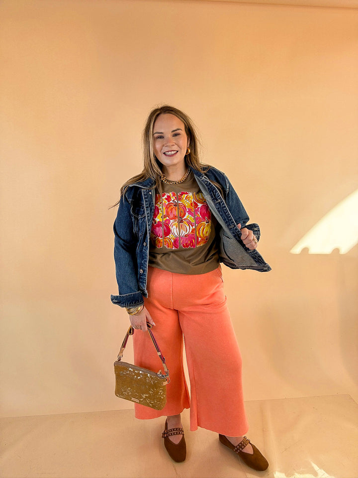 Art of the Season Painted Pumpkin and Floral Watercolor Stripes Fall Graphic Tee in Brown