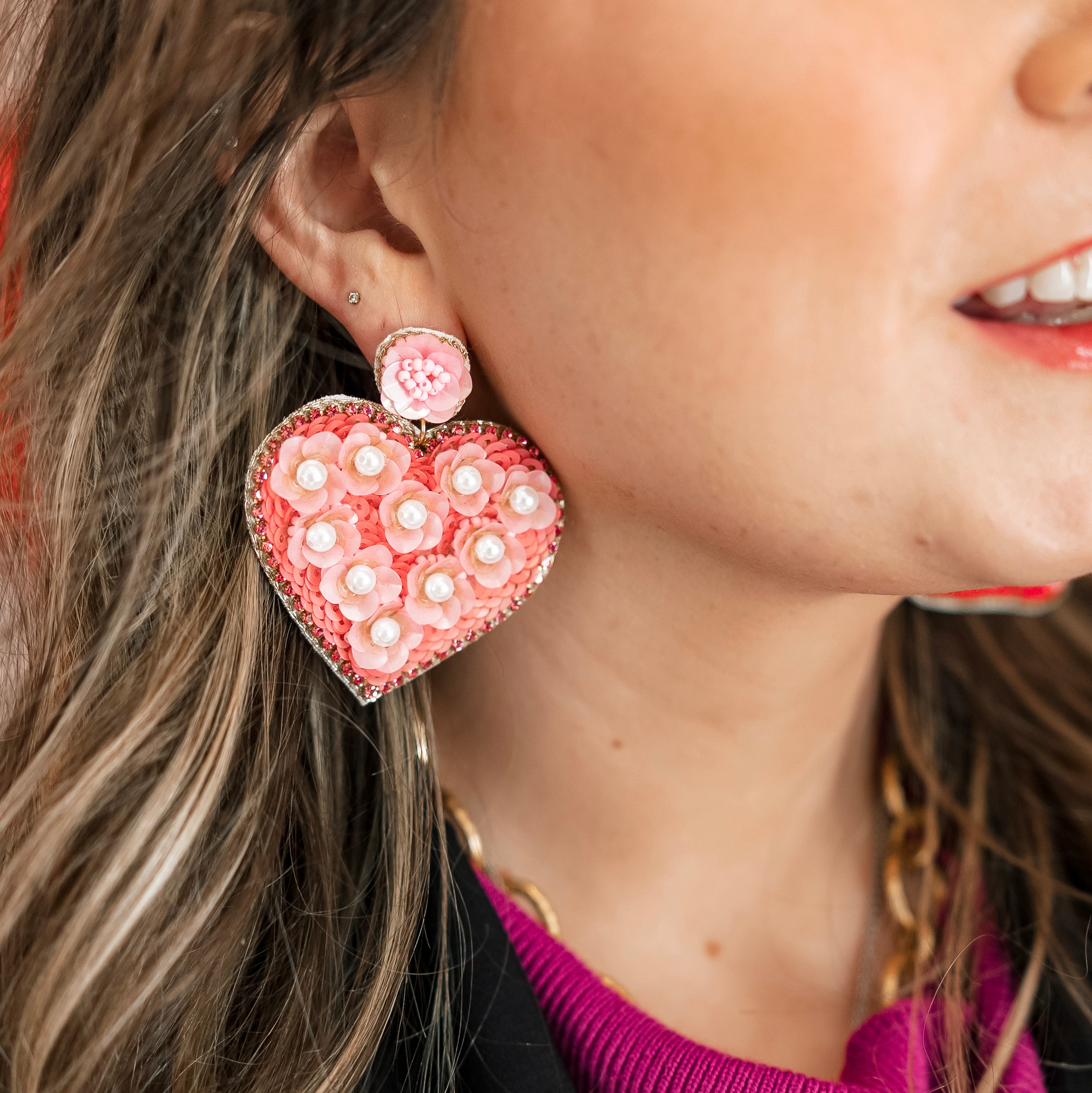 Flower Post Beaded Sequin Heart Shaped Floral Earrings with Pearl and Crystal Accents in Pink - Giddy Up Glamour Boutique
