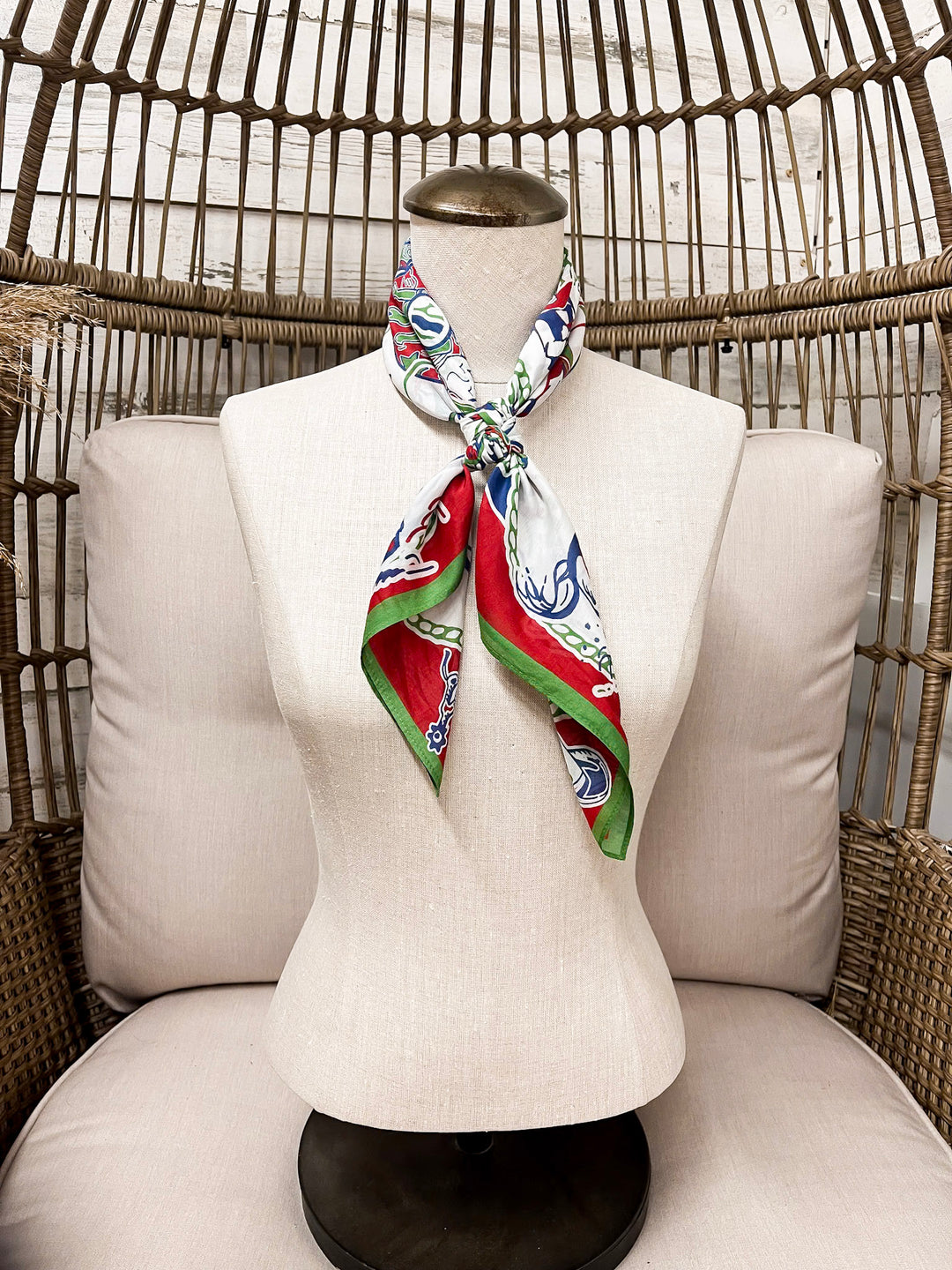 XOXO Art & Co | Greetings from the Rodeo Print Shorty Wild Rag Scarf in Ivory, Green, Red and Blue