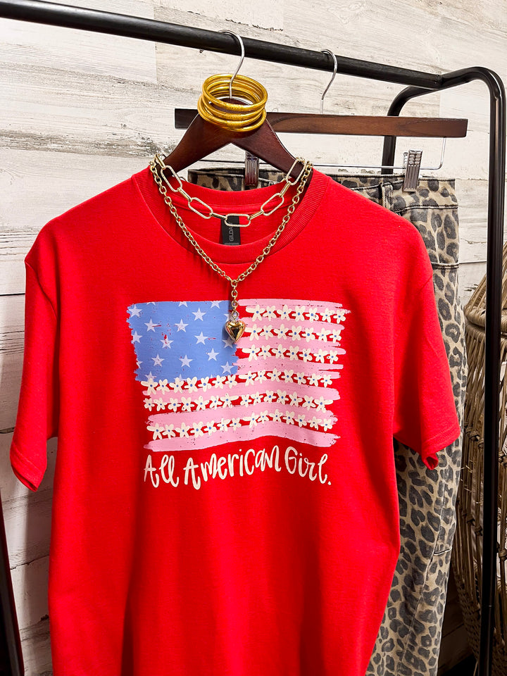 All American Darling USA Floral Flag Coquette Short Sleeve Graphic Tee with Bow Detailing in Red