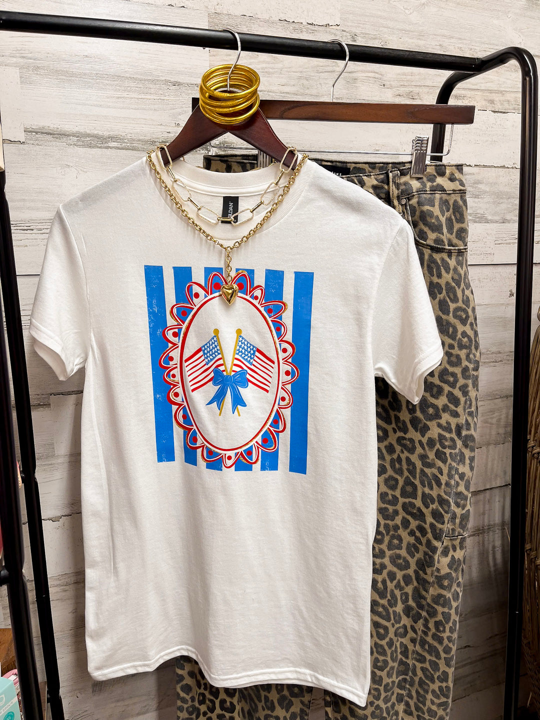 Sweet Land of Liberty Patriotic Coquette Short Sleeve Graphic Tee with Bow Detailing in White