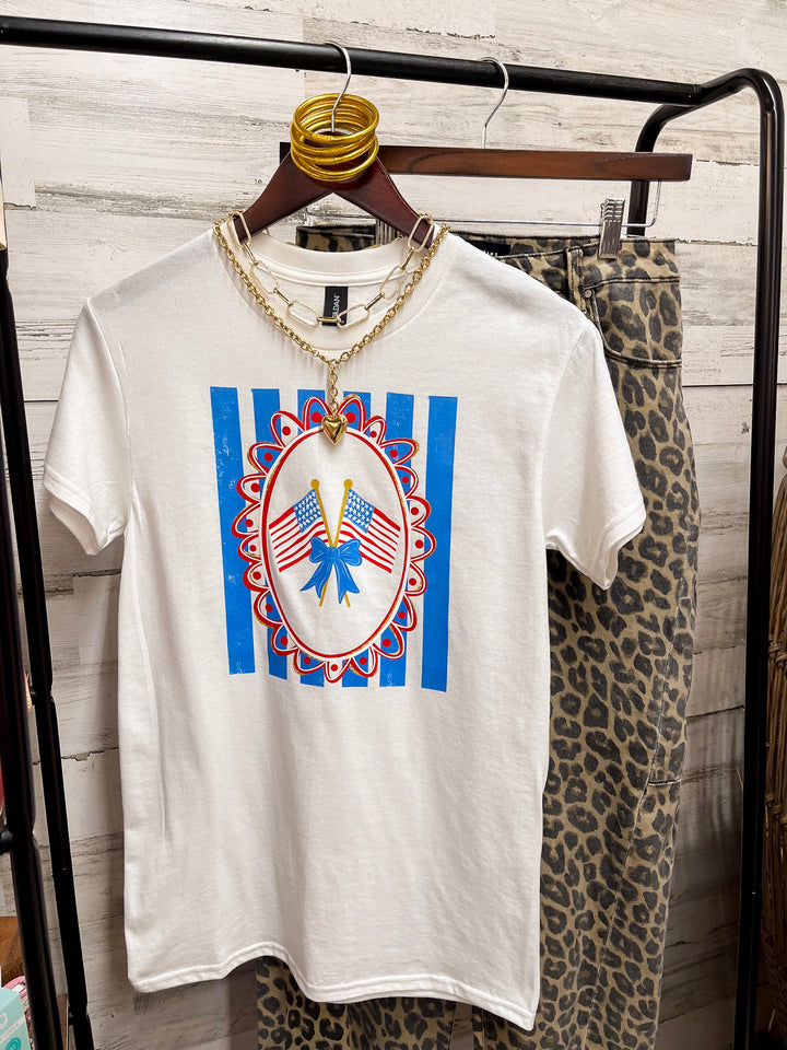 Sweet Land of Liberty Patriotic Coquette Short Sleeve Graphic Tee with Bow Detailing in White