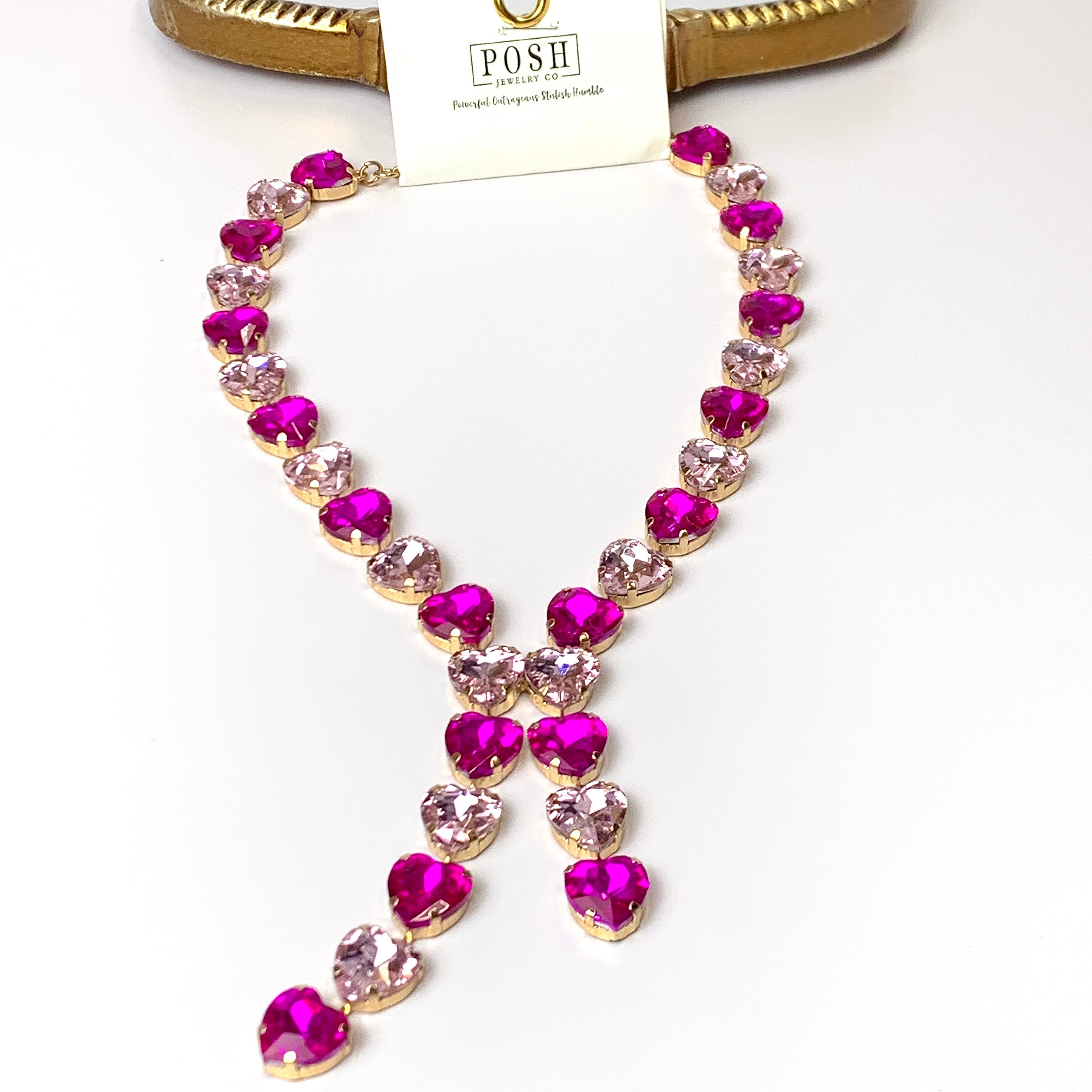 Posh by Pink Panache | Gold Tone Heart Shaped Crystal Lariat Necklace in Fuchsia Pink Mix - Giddy Up Glamour Boutique