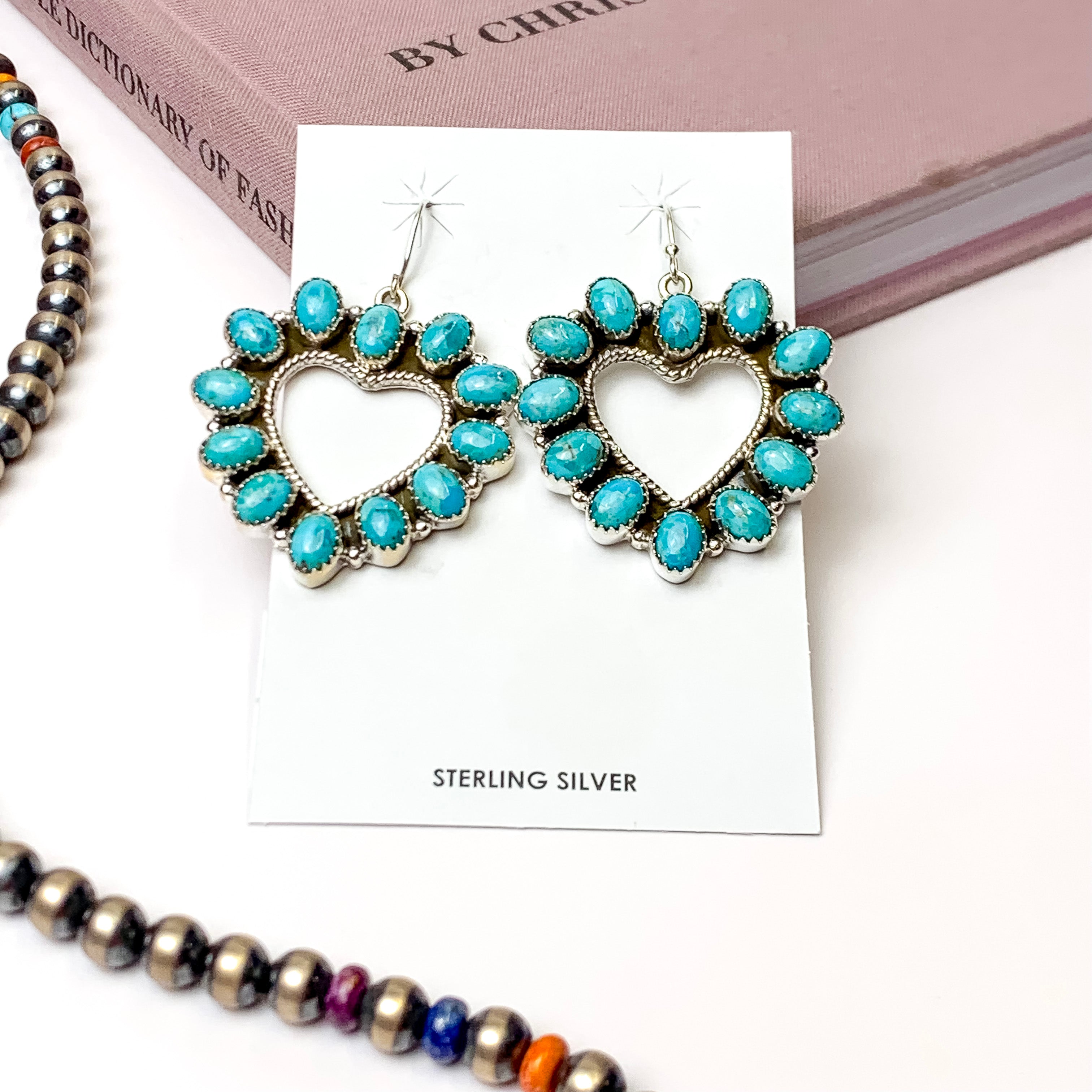 Hada Collection | Handmade Sterling Silver Open Heart Shaped Kingman Turquoise Drop Earrings - Giddy Up Glamour Boutique