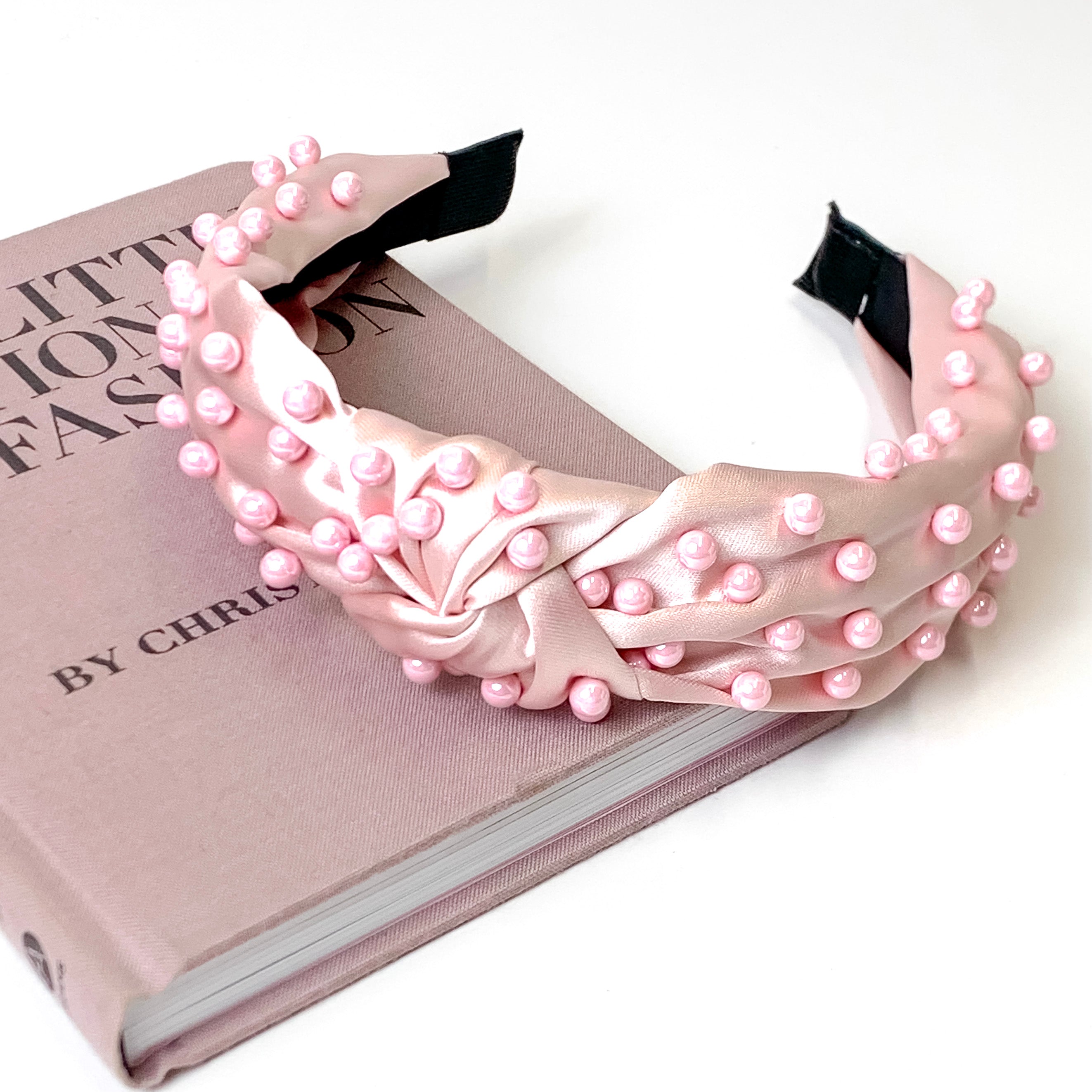 Light Pink Silk Knotted Headband with Light Pink Glass Pearl Detailing - Giddy Up Glamour Boutique