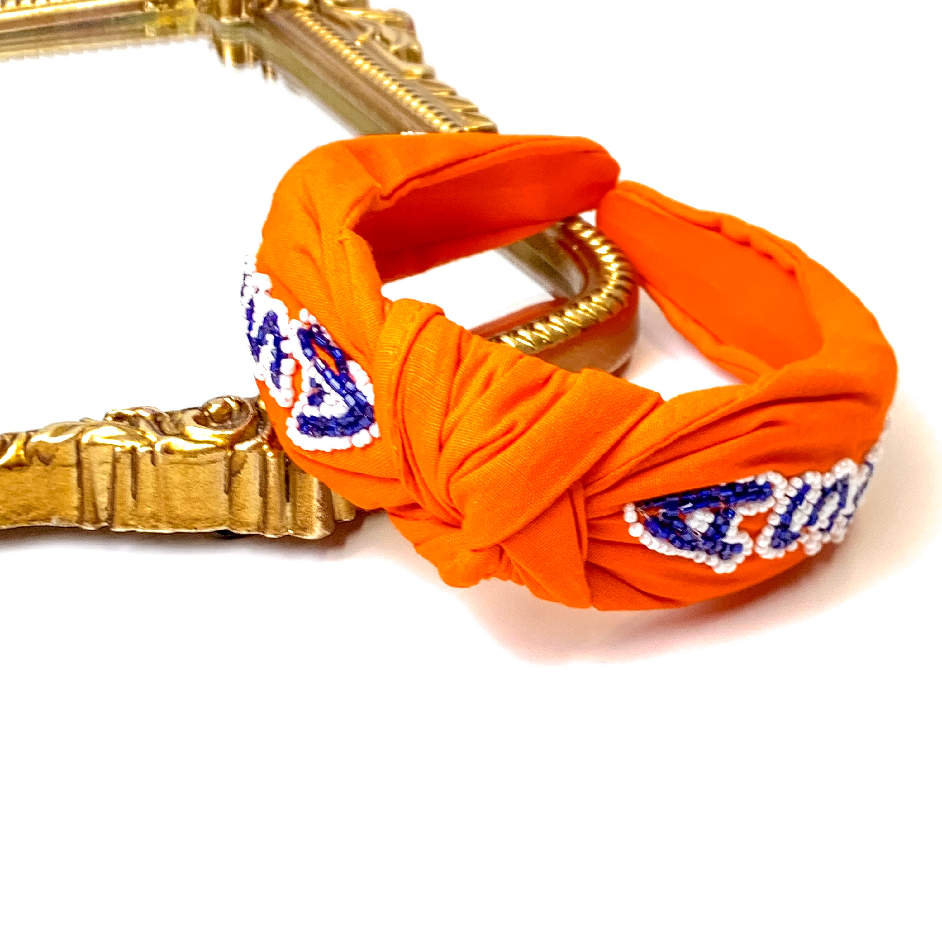 Team Spirit Astros Knot and Sead Beaded Head Band in Orange, Navy Blue, and White - Giddy Up Glamour Boutique