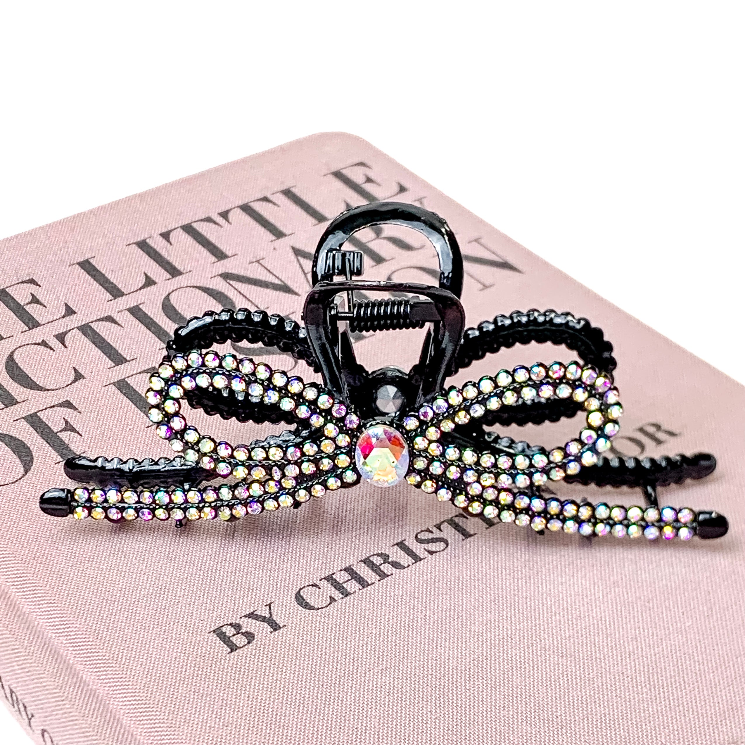 AB Crystal Embellished Metal Ribbon Shaped Metal Hair Clip in Black - Giddy Up Glamour Boutique
