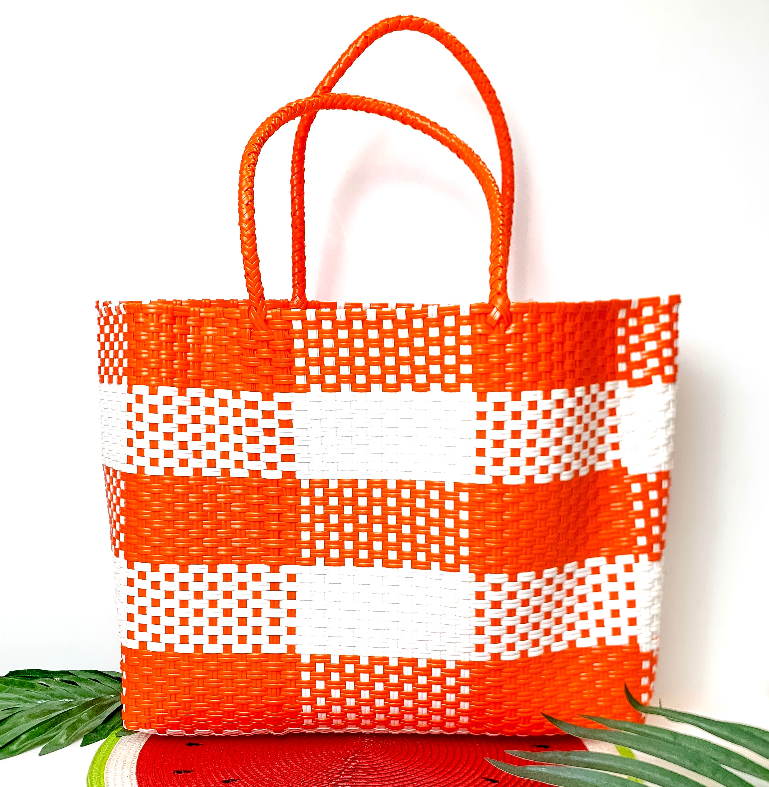 Garden Party Gingham Tote Bag in Orange and White - Giddy Up Glamour Boutique