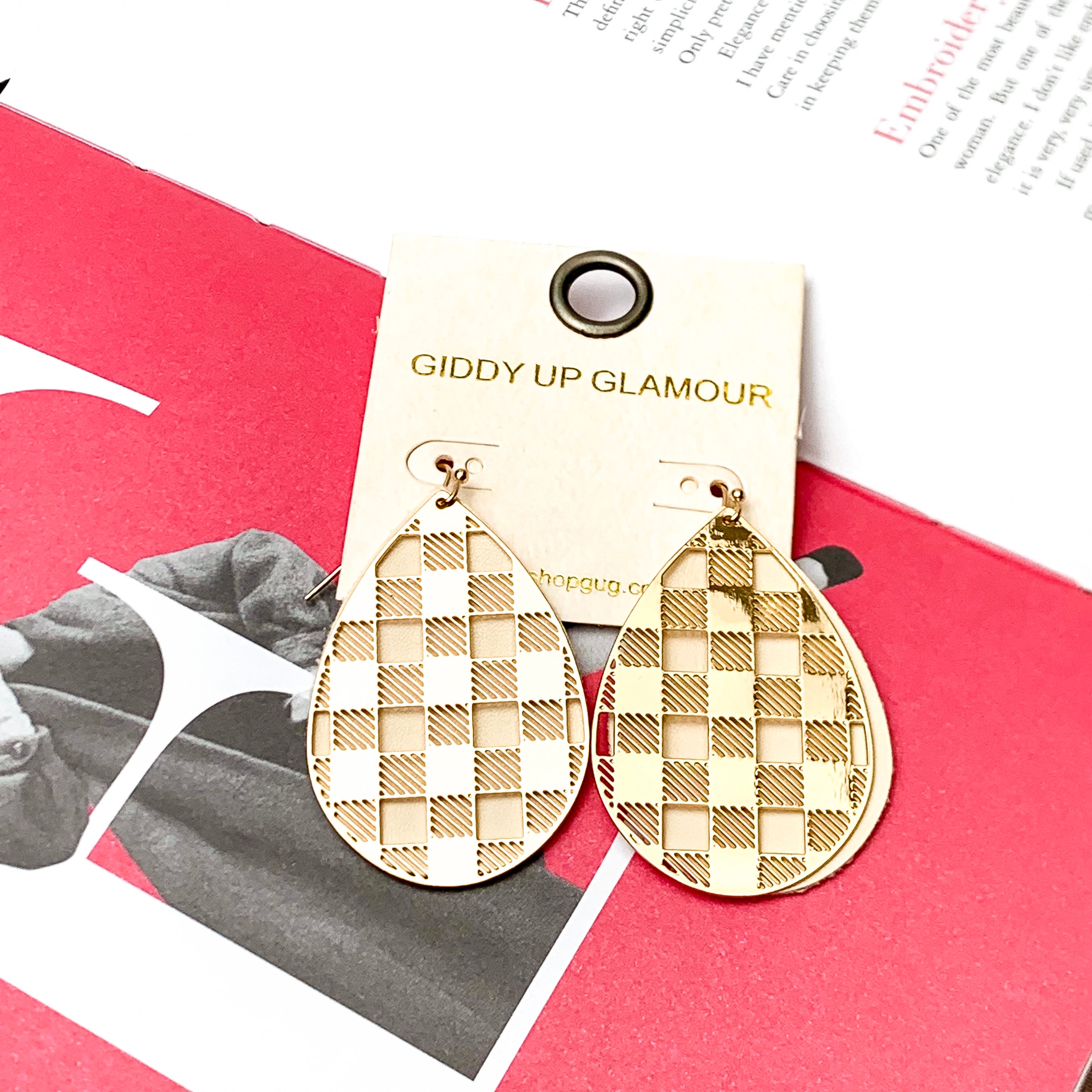 Double Layered Gold Tone Gingham Teardrop Earrings - Giddy Up Glamour Boutique