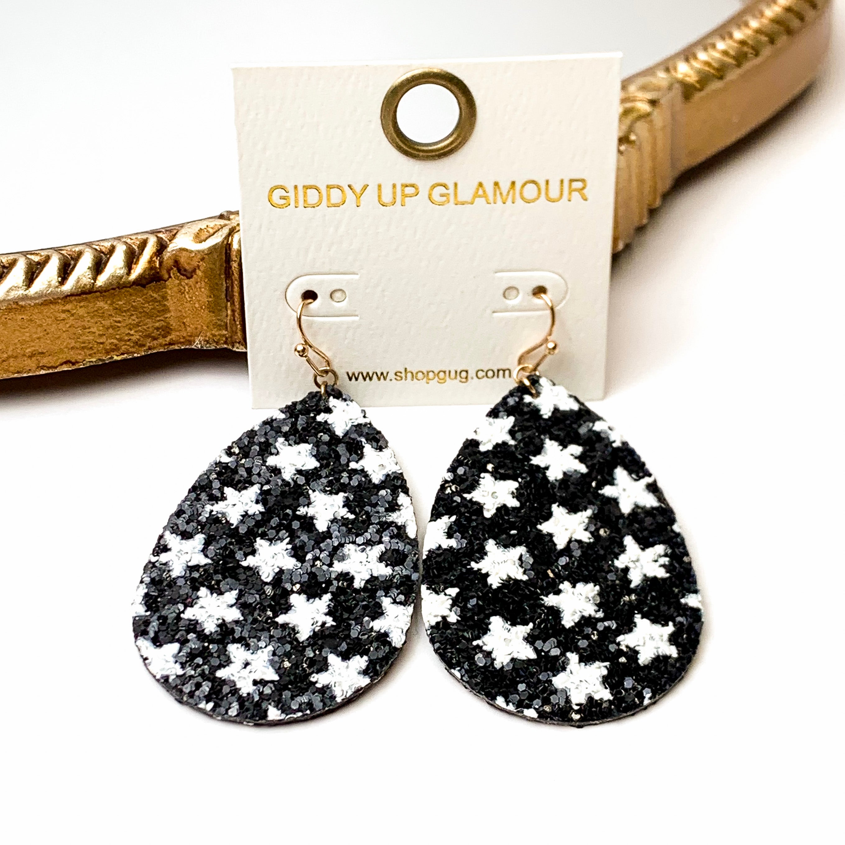 Star Spangled Teardrop Glitter Earrings with White Stars in Black - Giddy Up Glamour Boutique