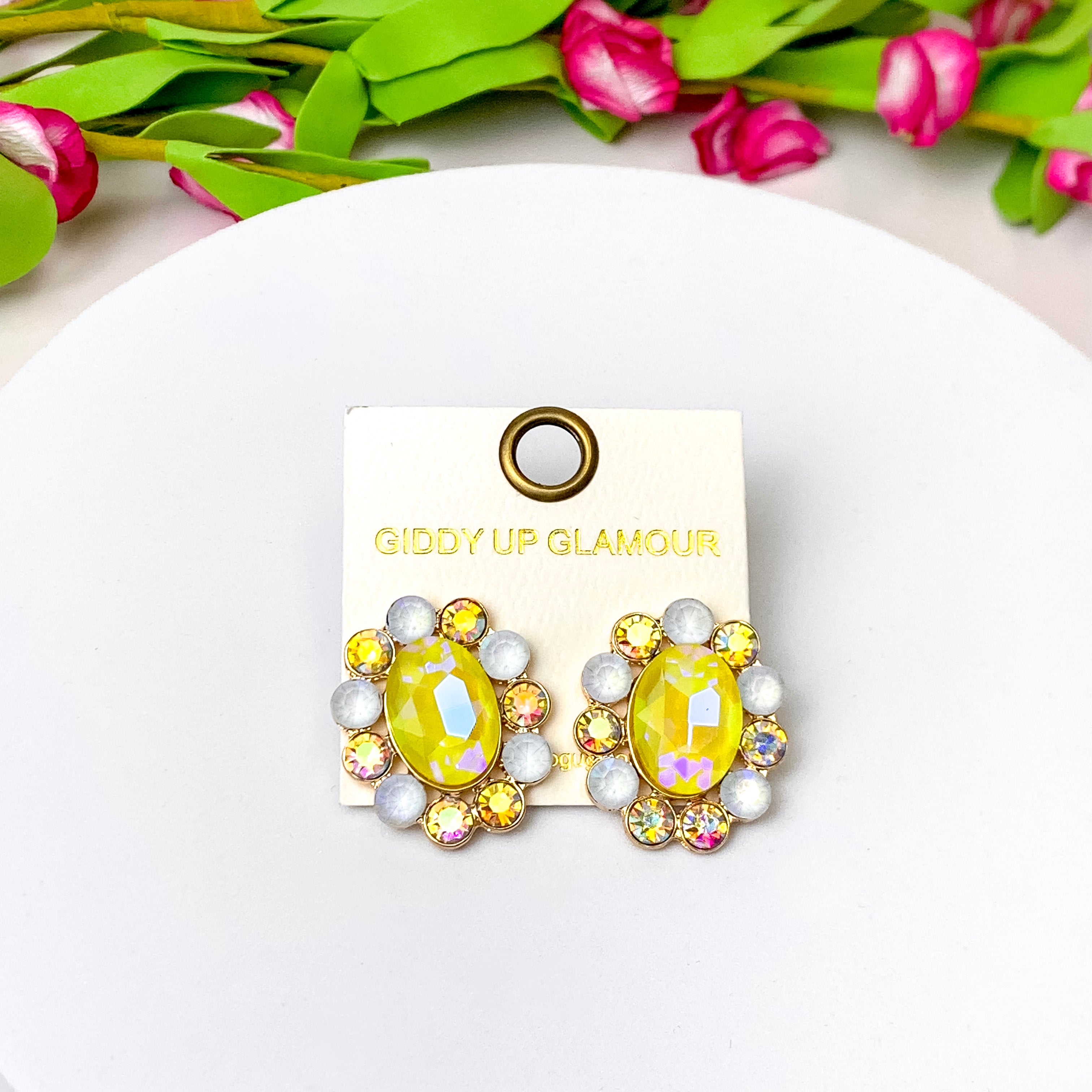 Elegant Echoes Gold Tone Oval Concho Stud Earrings in Yellow and White