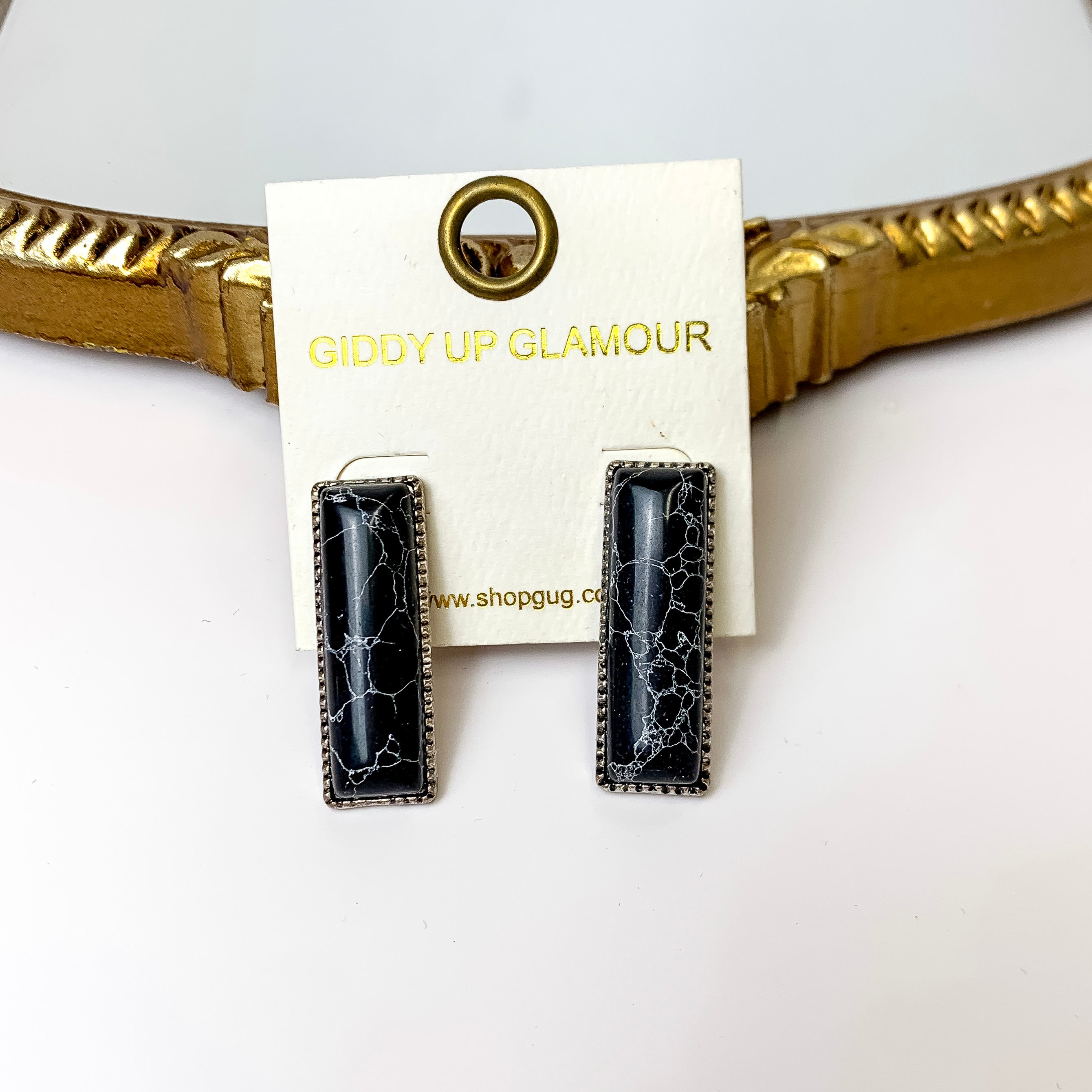 Medium Silver Tone Rectangle Faux Stone Earrings in Black - Giddy Up Glamour Boutique