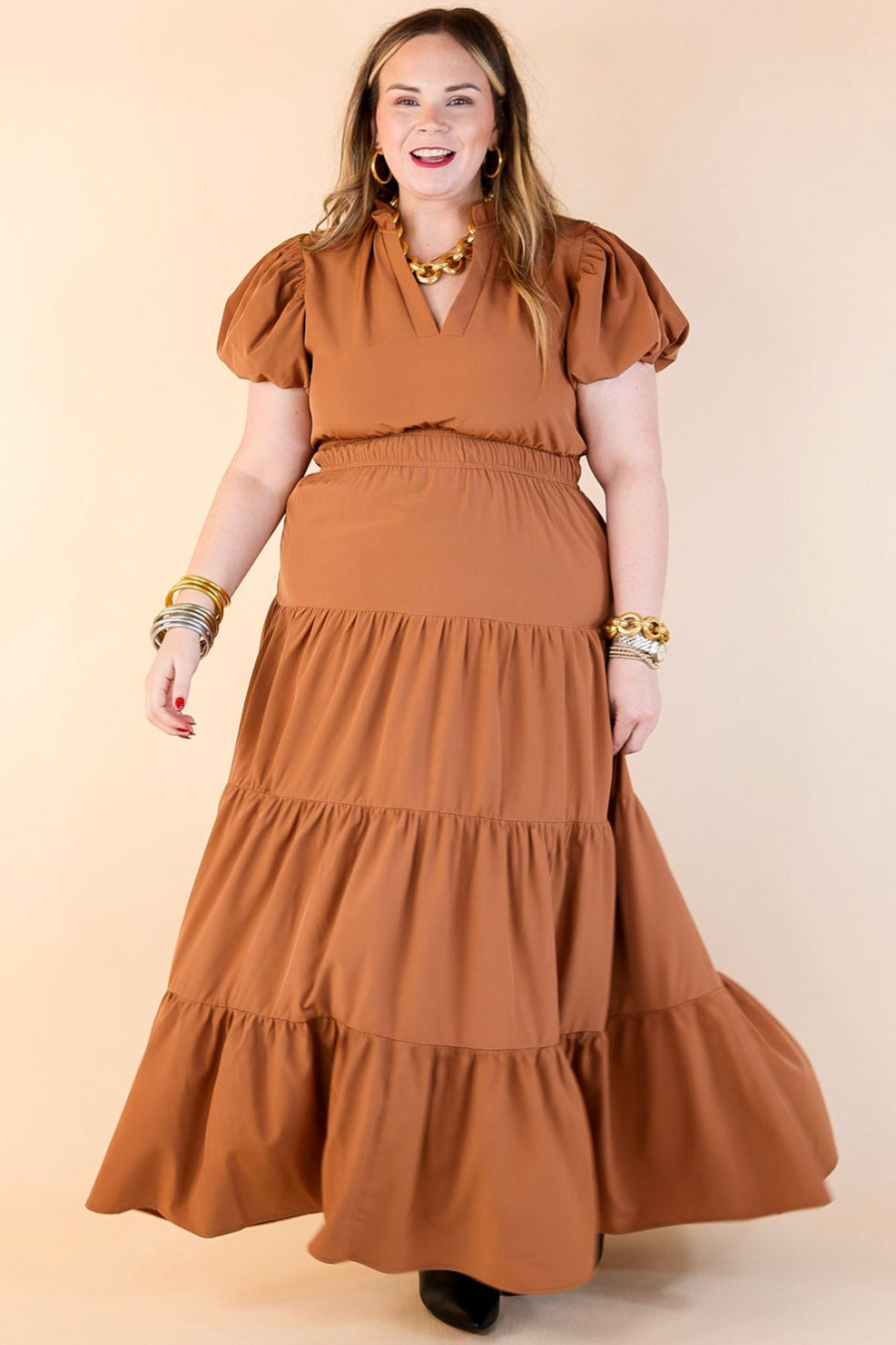 Table for Two Tiered Maxi Dress with Puff Sleeves in Clay Rust Orange