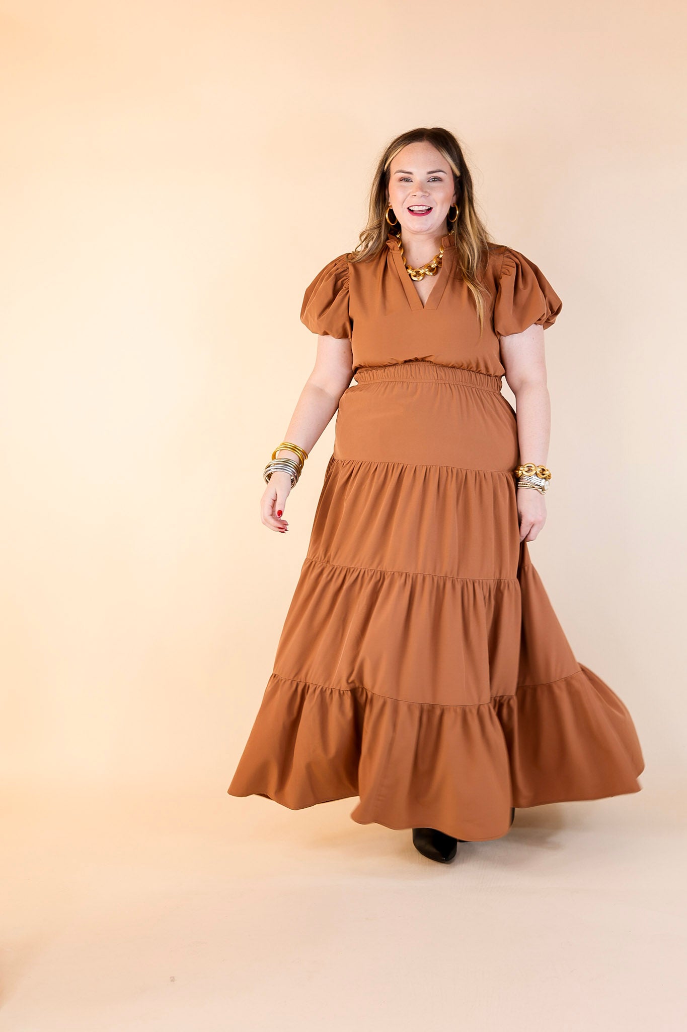 Table for Two Tiered Maxi Dress with Puff Sleeves in Clay Rust Orange