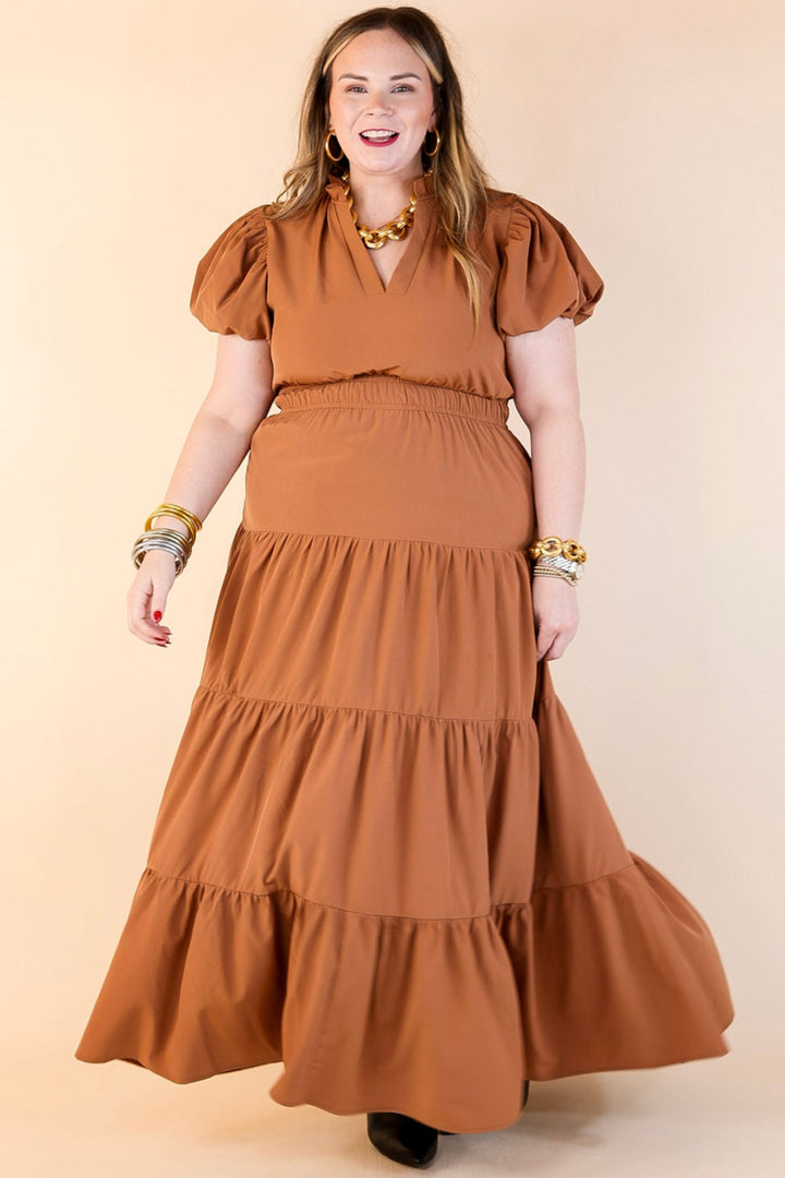 Table for Two Tiered Maxi Dress with Puff Sleeves in Clay Rust Orange