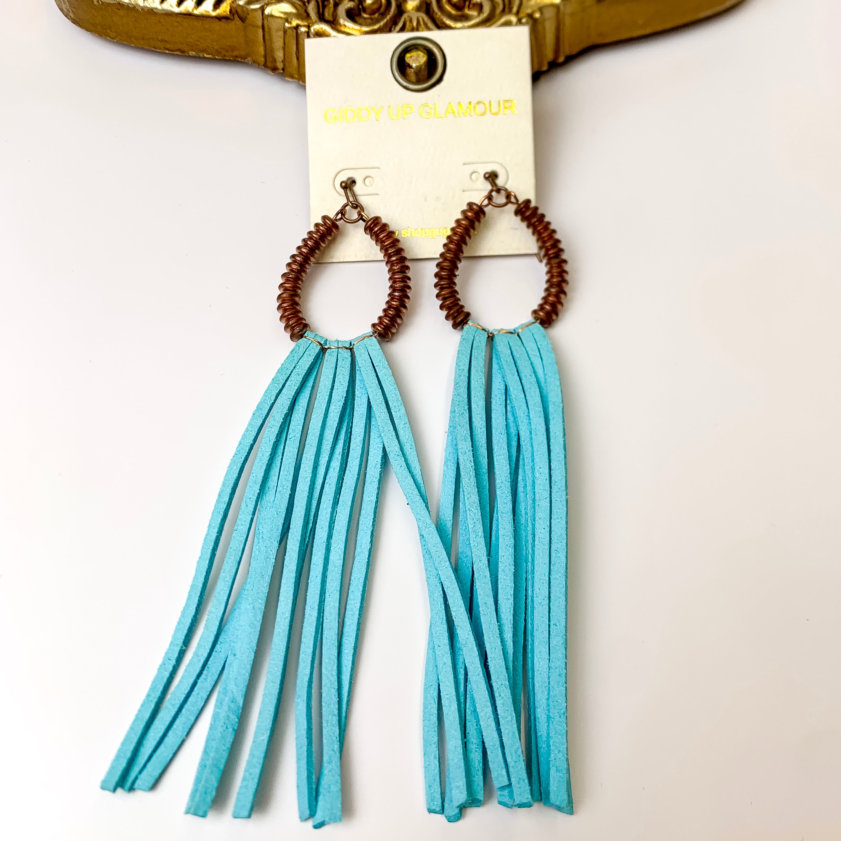 Copper Tone Metal Disk Beaded Teardrop Earrings with Teal Blue Faux Leather Tassels - Giddy Up Glamour Boutique