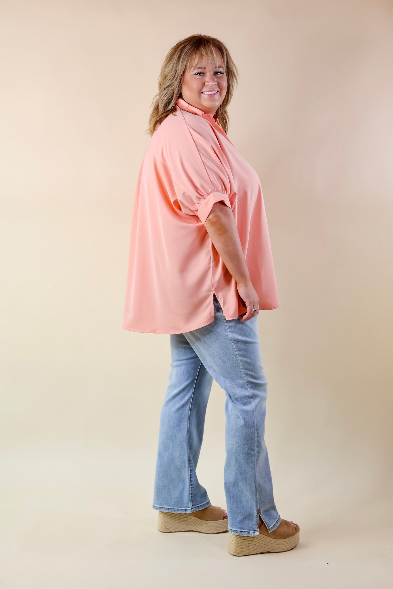 City Lifestyle Button Up Half Sleeve Poncho Top in Peach Fuzz - Giddy Up Glamour Boutique