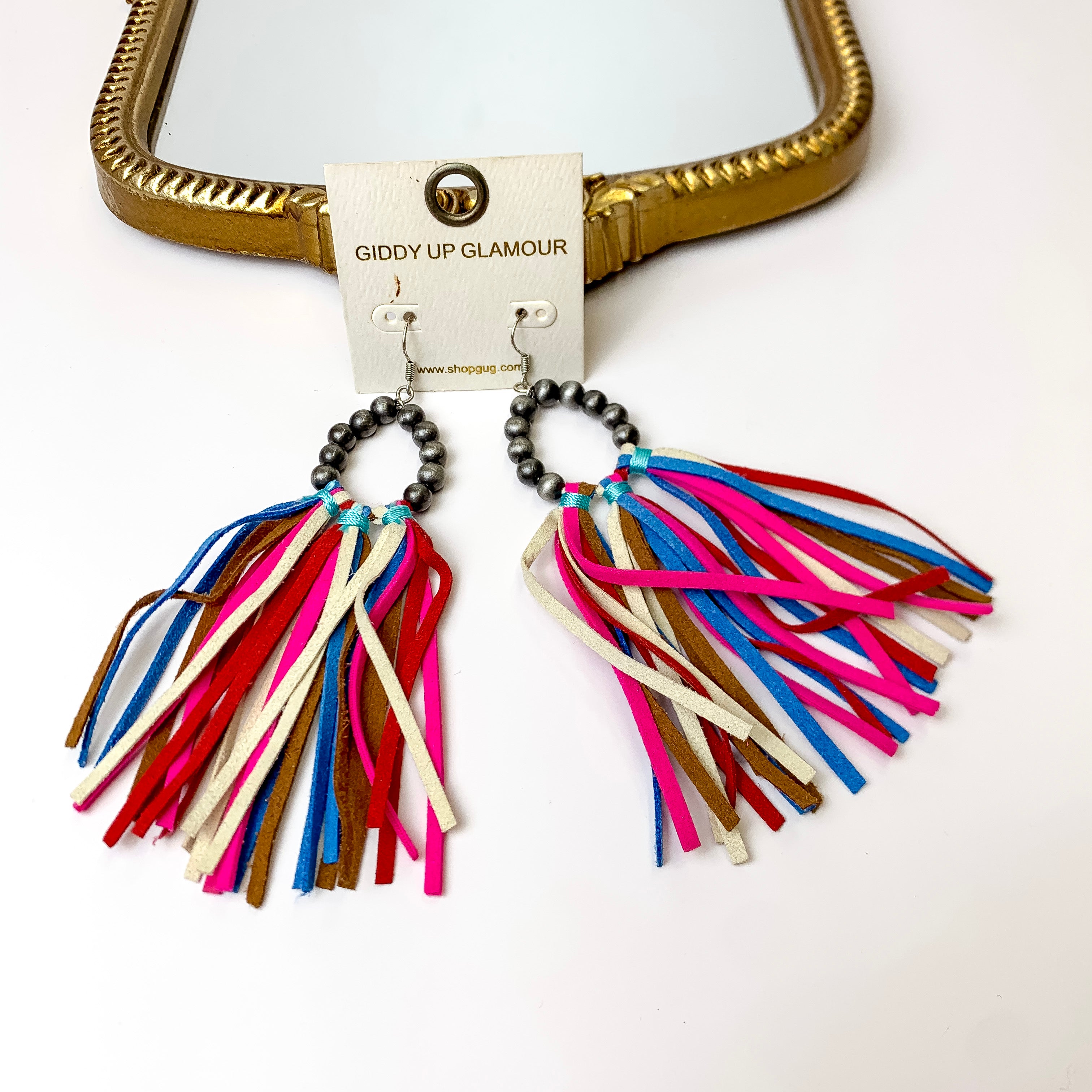 Feelin' Fabulous Navajo Teardrop Earrings With Faux Leather Tassels in Multicolor - Giddy Up Glamour Boutique