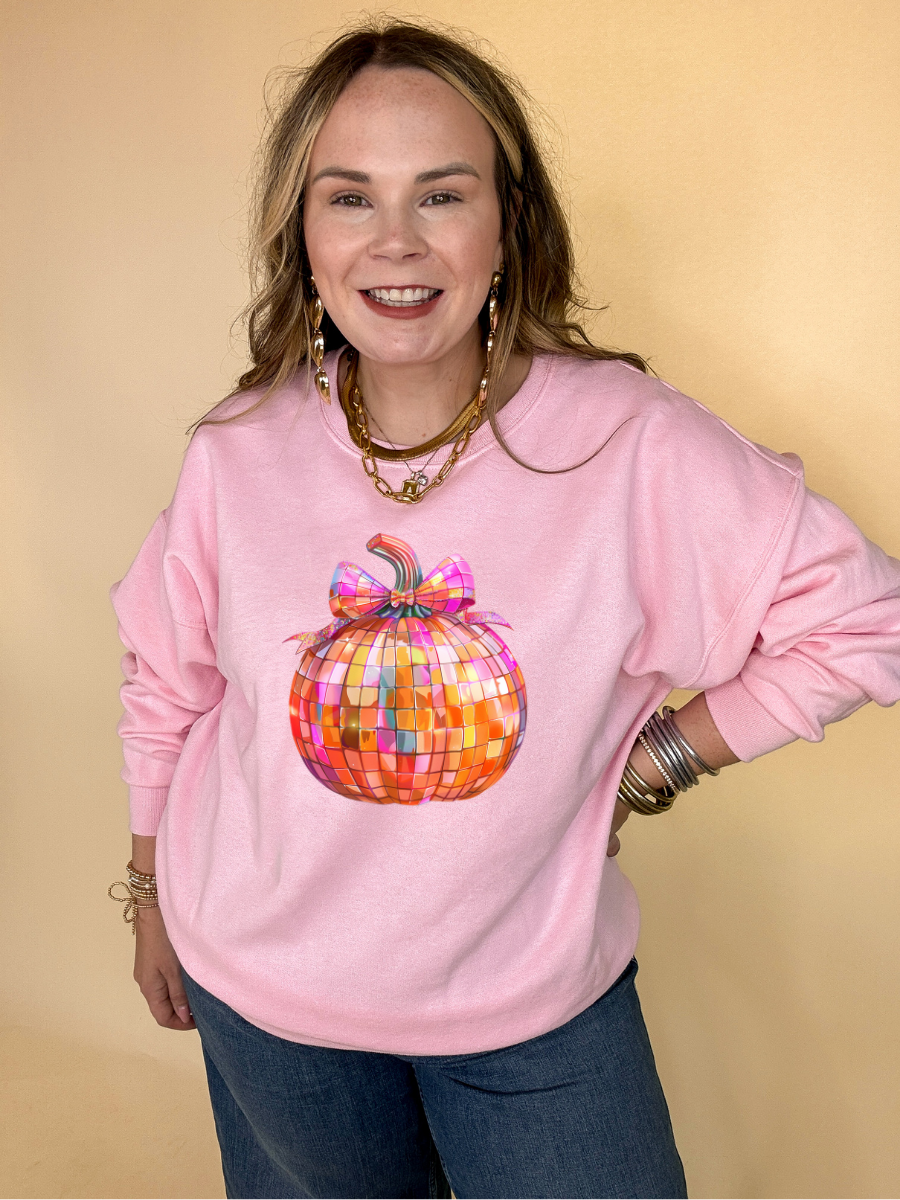 Online Exclusive | Disco Multi Colored Pumpkin with Bow Graphic Sweatshirt in Multiple Color Options