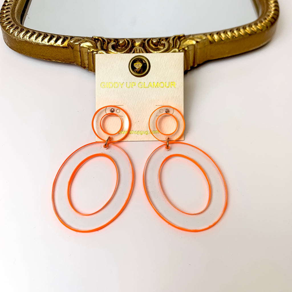 Clear Acrylic Oval Drop Earrings with Neon Orange Trim