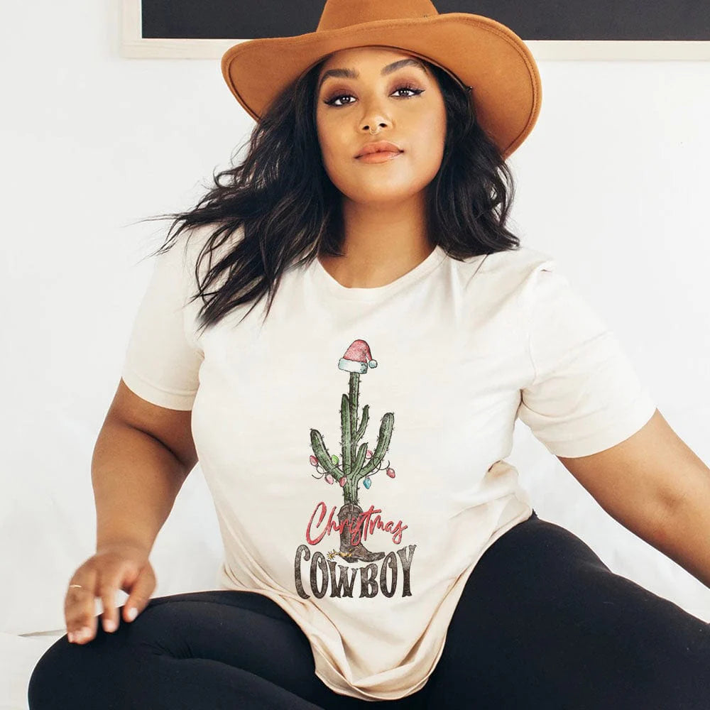 Online Exclusive | Christmas Cowboy Graphic Tee in Cream - Giddy Up Glamour Boutique