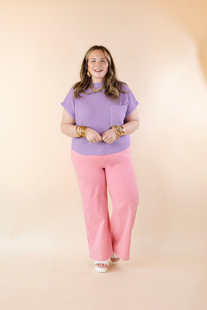 City Sights Cap Sleeve Summer Sweater Top with Pocket in Purple - Giddy Up Glamour Boutique